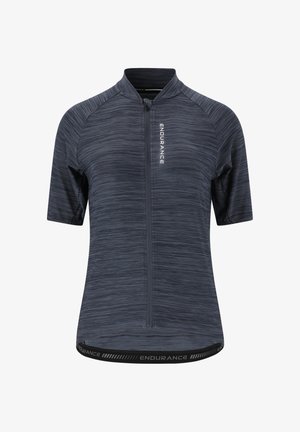 Korte mouwen fietsshirt in donker marineblauw met een subtiel gestreept patroon. Heeft een ritssluiting aan de voorkant, een opstaande kraag en een gemerkt zoom.