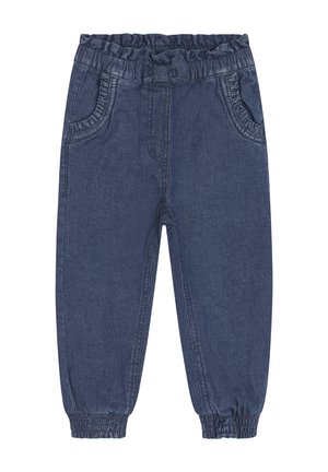 Pantaloni in denim blu scuro con vita elastica, polsini arricciati e tasche laterali. Texture morbida con una vestibilità casual e affusolata.