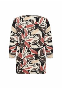Bloemenpatroon tuniek met lange mouwen, ronde halslijn en een donkere achtergrond met tinten rood, beige en bruin in het ontwerp.