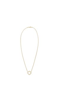 Gold chain necklace featuring a floral-shaped pendant with a cutout center and decorative stone accents. Simple design with a delicate texture.