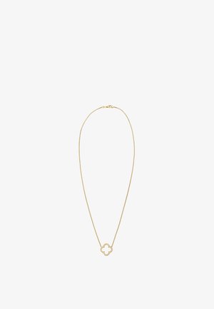 Złoty naszyjnik z łańcuszka z zawieszką w kształcie kwiatu z wyciętym środkiem oraz ozdobnymi kamieniami. Prosty design z delikatną fakturą.