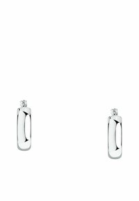 Silberfarbene Tropfenohrringe mit einer glatten, rechteckigen Form und abgerundeten Kanten, die oben einen Kristallakzent aufweisen.