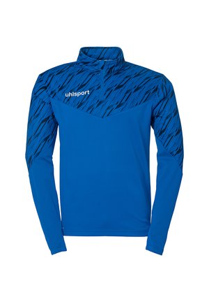 Blå langærmet træningstop med halv-lynlås krave, der har et tekstureret blåt mønster på skuldrene og brystområdet.