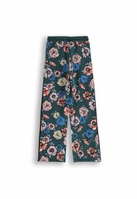 Ciemnozielone spodnie typu wide-leg z różowym, niebieskim i beżowym nadrukiem kwiatowym oraz elastycznym pasem, leżące płasko na białym tle.