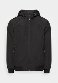 Czarna kurtka z kapturem z pełnym zamkiem z przodu, zamykanymi kieszeniami bocznymi, elastycznymi mankietami oraz regulowanymi sznurkami w kapturze.