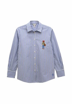 Gestreiftes Button-up-Hemd aus blauem und weißem Baumwollstoff, mit langen Ärmeln, einem Kragen und einer gestickten Figur auf der Brust.