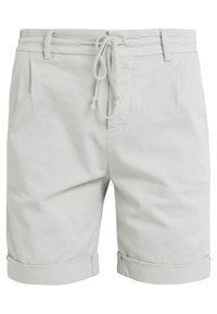 Ljusgrå shorts i mjukt tyg, med dragsko i midjan, sidfickor och uppvikta slag. Slät textur med minimal detaljer.