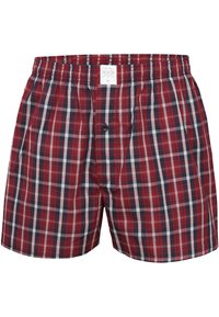 Boxers en tartan rouge et marine en coton doux, avec une taille élastique et une fermeture à bouton à l'avant.