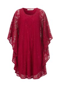 Röd spetskaftan klänning med rund halsringning, batwingärmar, blommönster och genomskinlig textur. Öppen design möjliggör luftflöde.