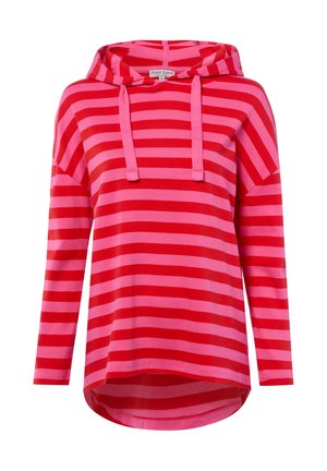 Bluza z długim rękawem z naprzemiennymi czerwonymi i różowymi poziomymi paskami, z kapturem na sznurki i zaokrąglonym dołem.