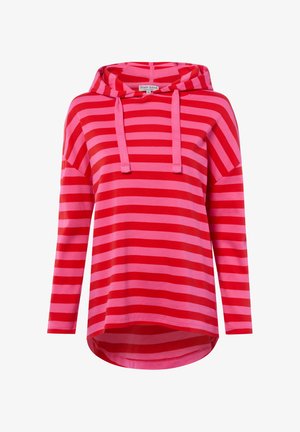 Bluza z długim rękawem z naprzemiennymi czerwonymi i różowymi poziomymi paskami, z kapturem na sznurki i zaokrąglonym dołem.