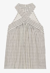 Stripet halterneck topp i krem med svarte vertikale linjer, med kryssryggdesign, plisserte front og høy krage.