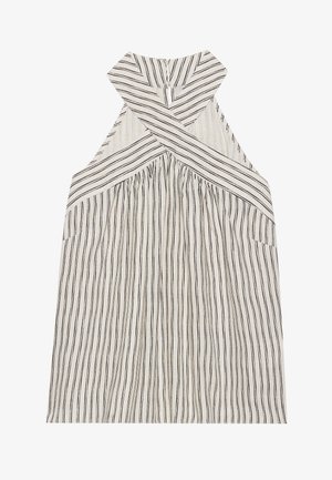 Kreemjas triibuline halter-top mustade vertikaalsete joontega, millel on risttagumik, volditud esiosa ja kõrge krae.