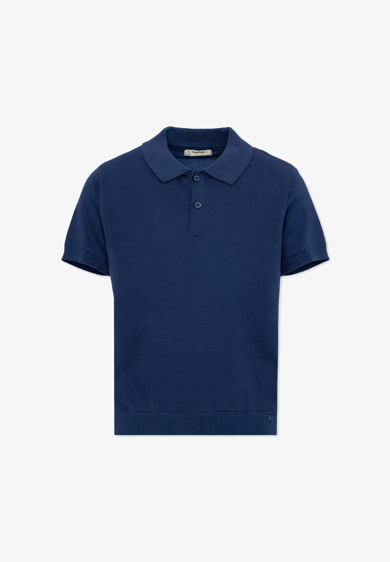 Polo a maniche corte blu navy con due bottoni e colletto, polsini e orlo a coste, mostrato disteso su sfondo bianco.