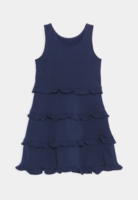 Marinblå ärmlös klänning med tre volangskikt. Tillverkad av mjukt material, med rund halsringning och en nederkant med små volanger.