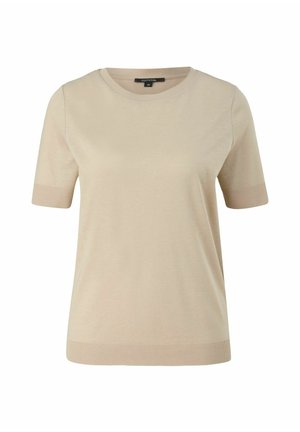 Beige t-shirt lavet af blødt stof, med rund hals, korte ærmer og ribbede detaljer ved ærmerne og kanten. Enkel og glat design.