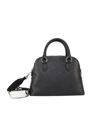 Sac à main noir en forme de dôme avec deux poignées, bandoulière large détachable noire et blanche, et logo circulaire perforé sur le devant.