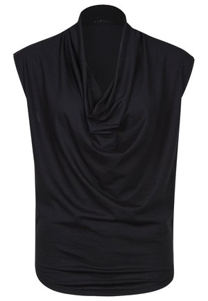 Zwarte mouwloze blouse met brede schouders en een gedrapeerde col met plooien, met een losse, lichtelijk geplooide pasvorm.