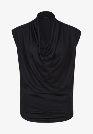 Czarna bluzka bez rękawów z szerokimi ramionami i marszczonym, luźno opadającym dekoltem typu półgolf, o swobodnym, lekko marszczonym kroju.