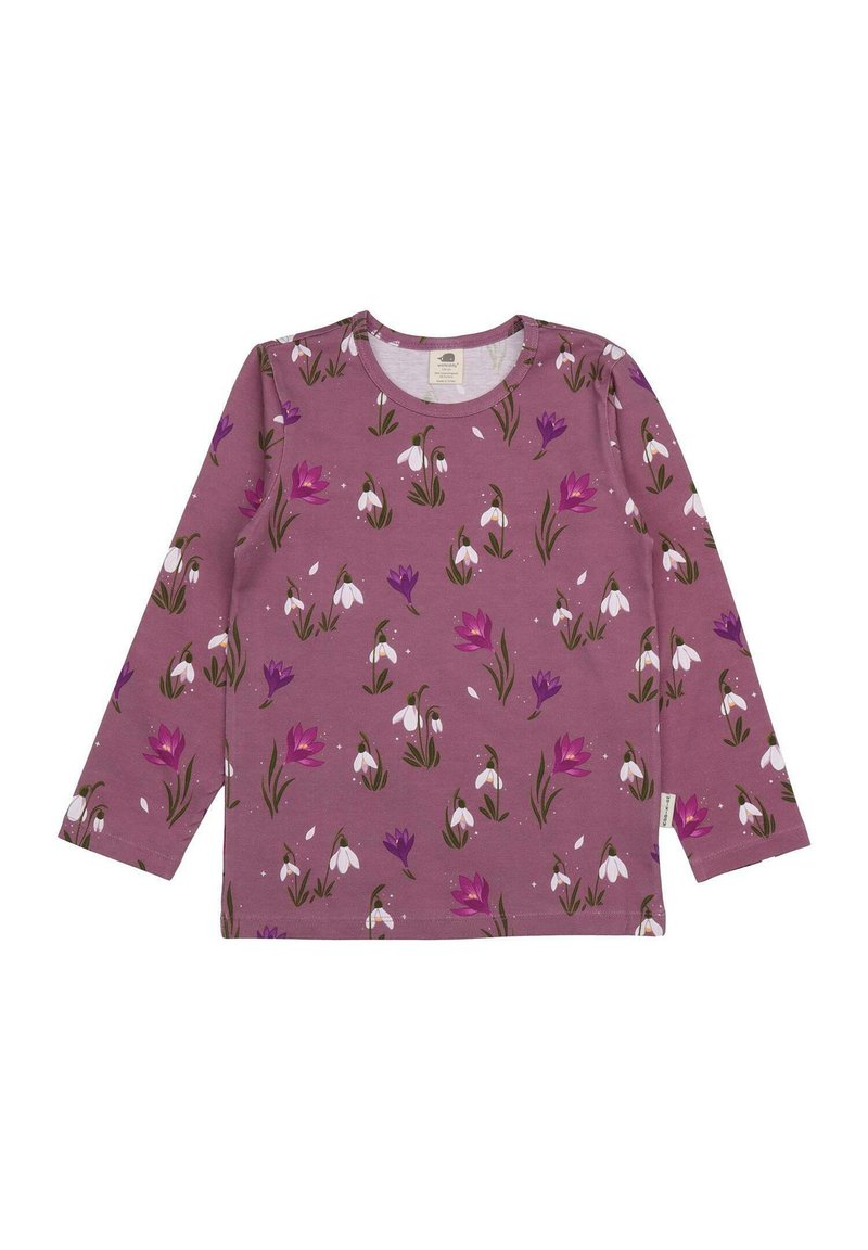 Langärmliges Hemd aus lila Stoff mit einem Blumenmuster, das weiße Schneeglöckchen und lila Blumen zeigt. Rundhalsausschnitt und lockere Passform.