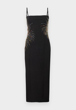 Robe noire sans manches présentant une silhouette ajustée, ornée de motifs de feux d'artifice colorés en sequins sur le corsage. Texture de tissu lisse.