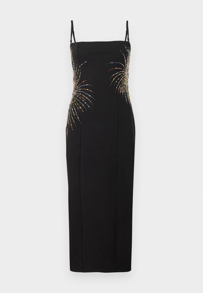 Schwarzes ärmelloses Kleid mit figurbetonter Silhouette, verziert mit bunten Pailletten-Feuerwerksdesigns auf dem Oberteil. Glatter Stoff.