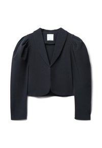 Giacca nera tagliata con maniche a sbuffo, tessuto testurizzato e un sottile motivo a punti. Presenta un collo a rever e una chiusura frontale.
