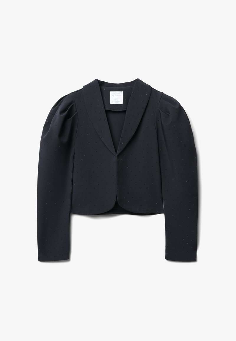 Giacca nera tagliata con maniche a sbuffo, tessuto testurizzato e un sottile motivo a punti. Presenta un collo a rever e una chiusura frontale.