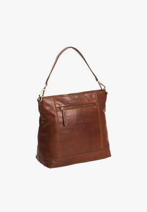 Sac à épaule en cuir marron avec une seule sangle, une poche zippée à l'avant et une texture douce. Caractéristiques accents en matériel doré et détails de couture.