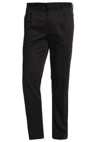 Svarta skräddarsydda byxor i smidigt tyg, med platt framdel, två sidofickor och en smal ben-design.