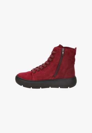 Rote Wildlederschnürstiefeletten mit schwarzer Gummisohle, ausgestattet mit einem Schnürdesign an der Vorderseite und einem seitlichen Reißverschluss für einen einfachen Zugang.