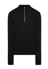 Pull noir avec un col montant et une fermeture zippée sur la moitié. Confectionné dans un tissu en maille lisse, avec des manches longues et une coupe ajustée.