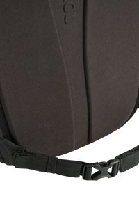 Black backpack with textured fabric, featuring a padded back panel and adjustable strap with a plastic buckle for secure fastening.