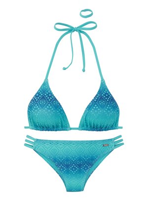 Türkisblauer Bikini mit Neckholder zum Binden, Triangel-Top und passendem Unterteil mit drei seitlichen Riemen und strukturiertem Muster.