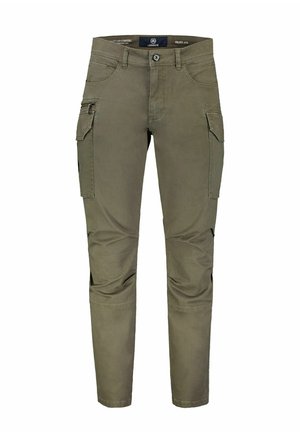 Olivgrüne Cargohose mit Vorderknopf, Reißverschluss, Gürtelschlaufen, seitlichen Klappentaschen und Reißverschlusstasche am linken Oberschenkel.