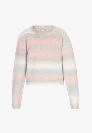Soft knit sweater with a rounded neckline, featuring pastel pink, blue, and white stripes. Ribbed cuffs and bottom hem. Cropped design.