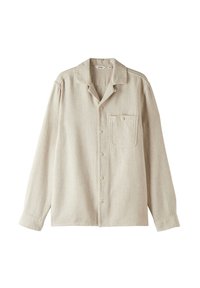 Lys beige skjorte i hør, med krave, lange ærmer, lomme foran og beige knapper. Glat tekstur og afslappet pasform.