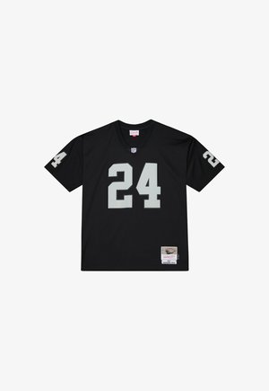 Black football jersey made of fabric, featuring large gray numbers "24" on front and sleeves, V-neck design, and a label on lower hem.
