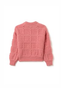 Rosa gestrickter Pullover mit einem strukturierten karierten Muster, Rundhalsausschnitt und gerippten Bündchen und Saum. Weiches Material und kastiger Schnitt.