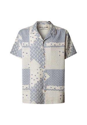 Camicia a maniche corte con bottoni e motivi patchwork in blu e bianco sporco, inclusi fiori e forme geometriche.