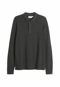 Czarna szara longsleeve polo wykonana z miękkiego materiału, z trzema guzikami, ściągaczami przy mankietach oraz klasycznym kołnierzykiem.