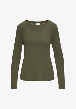 Langarm-T-Shirt in Grün aus Baumwolle, mit Rundhalsausschnitt, schlanker Passform und glatter Textur ohne Muster oder Verzierungen.