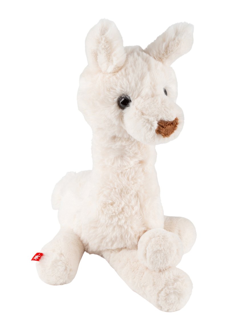 White plush llama toy with soft fur, rounded body, upright ears, black eyes, and a brown snout; features small red tag on one leg.