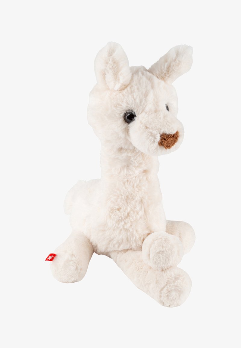 White plush llama toy with soft fur, rounded body, upright ears, black eyes, and a brown snout; features small red tag on one leg.