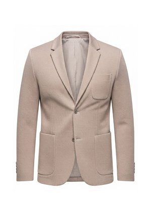 Blazer pour homme beige texturé avec revers à encoche, deux poches plaquées devant, une poche poitrine et fermeture à deux boutons.