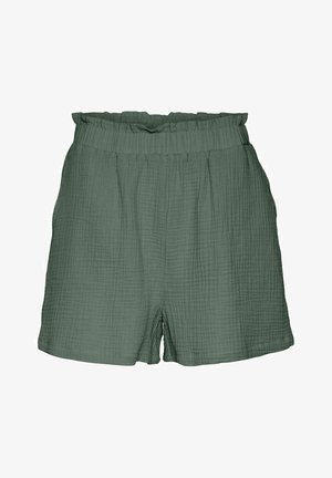Green, textured shorts with a loose fit, elasticated waist, and pleats, made from a soft, breathable fabric.