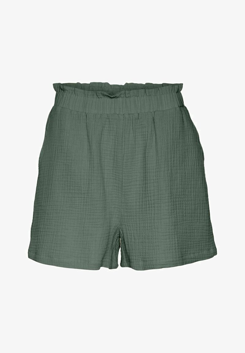 Grønne, teksturerte shorts med løs fit, elastisk midje og folder, laget av et mykt, pustende stoff.