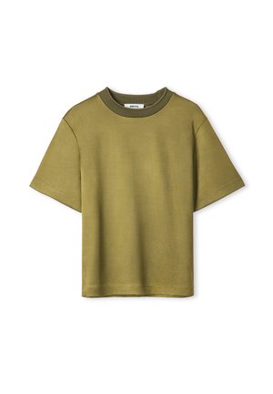 Olive green cotton T-shirt with short sleeves, a round neckline, and a relaxed fit. Features a smooth texture and minimalist design.