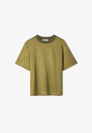 Olivengroene katoenen T-shirt met korte mouwen, een ronde hals en een ontspannen pasvorm. Heeft een zachte textuur en een minimalistisch ontwerp.