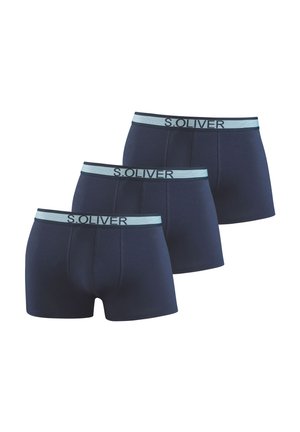 Navy blue cotton boxer shorts, three-pack, featuring a light blue elastic waistband with "S.OLIVER" logo. Smooth texture and fitted design.